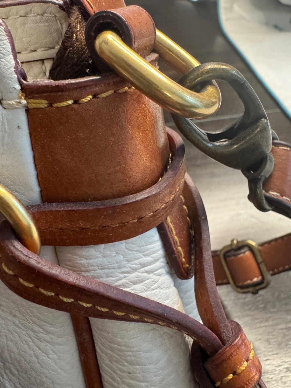 Dooney & Bourke Cream Leather Satchel with Brown Trim and Brass Hardware - Picture 10 of 12